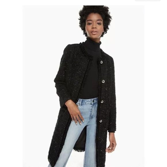 Kate Spade Sparkle Tweed Long Coat Jacket Black Size 4 New! - Picture 3 of 10